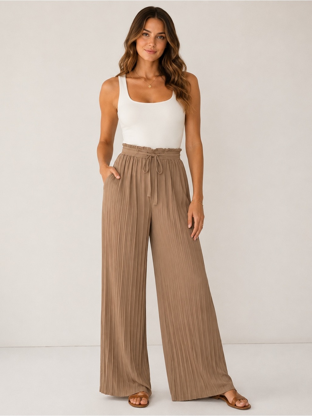 Soho Apparel Micro Pleated Wide Leg Pants S Camel Taupe Paperbag Fall